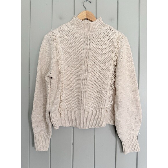 NWT Ann Taylor Fringe Ribbed Sweater L Large Ivory Mock Neck Acrylic NEW - Picture 1 of 7